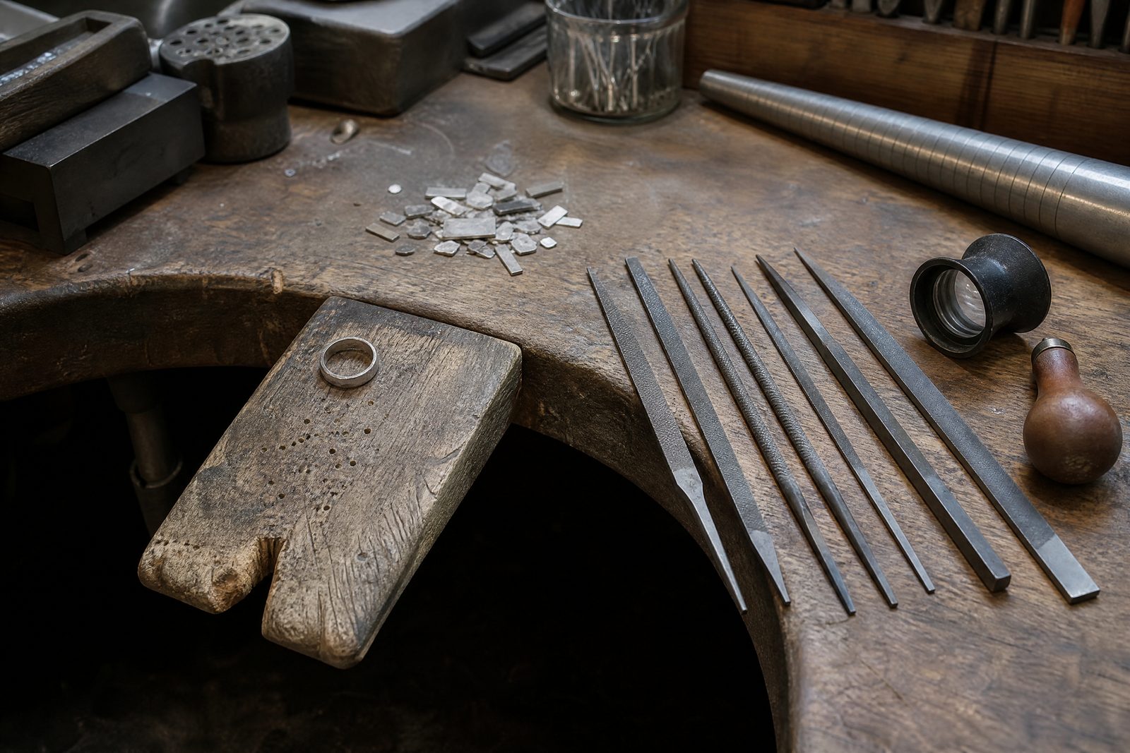 A jeweller's bench: a worn bench pin, hand files laid in a row, a ring mandrel and silver offcuts.